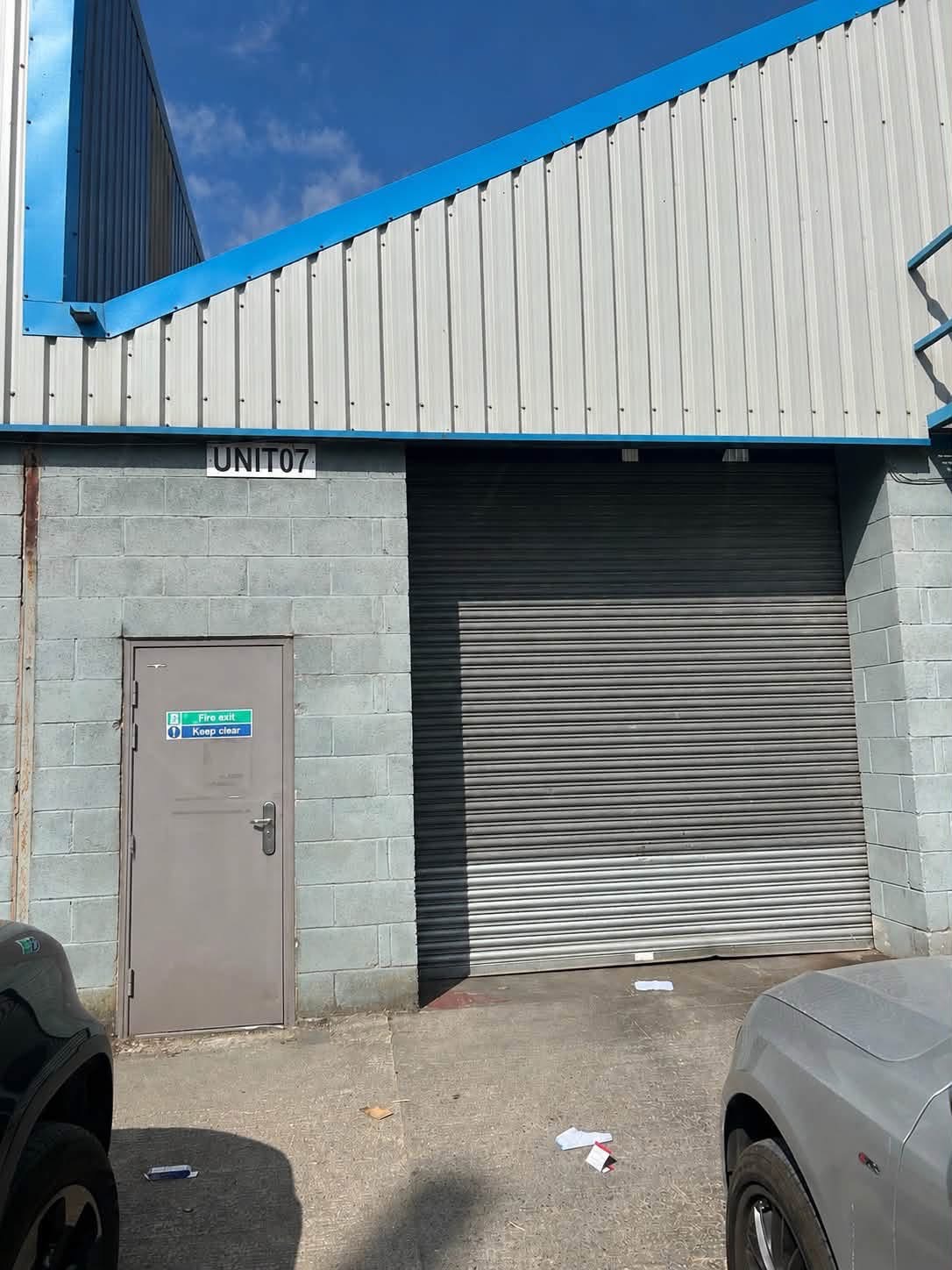 Exterior of the Clowne industrial unit with roller shutter door